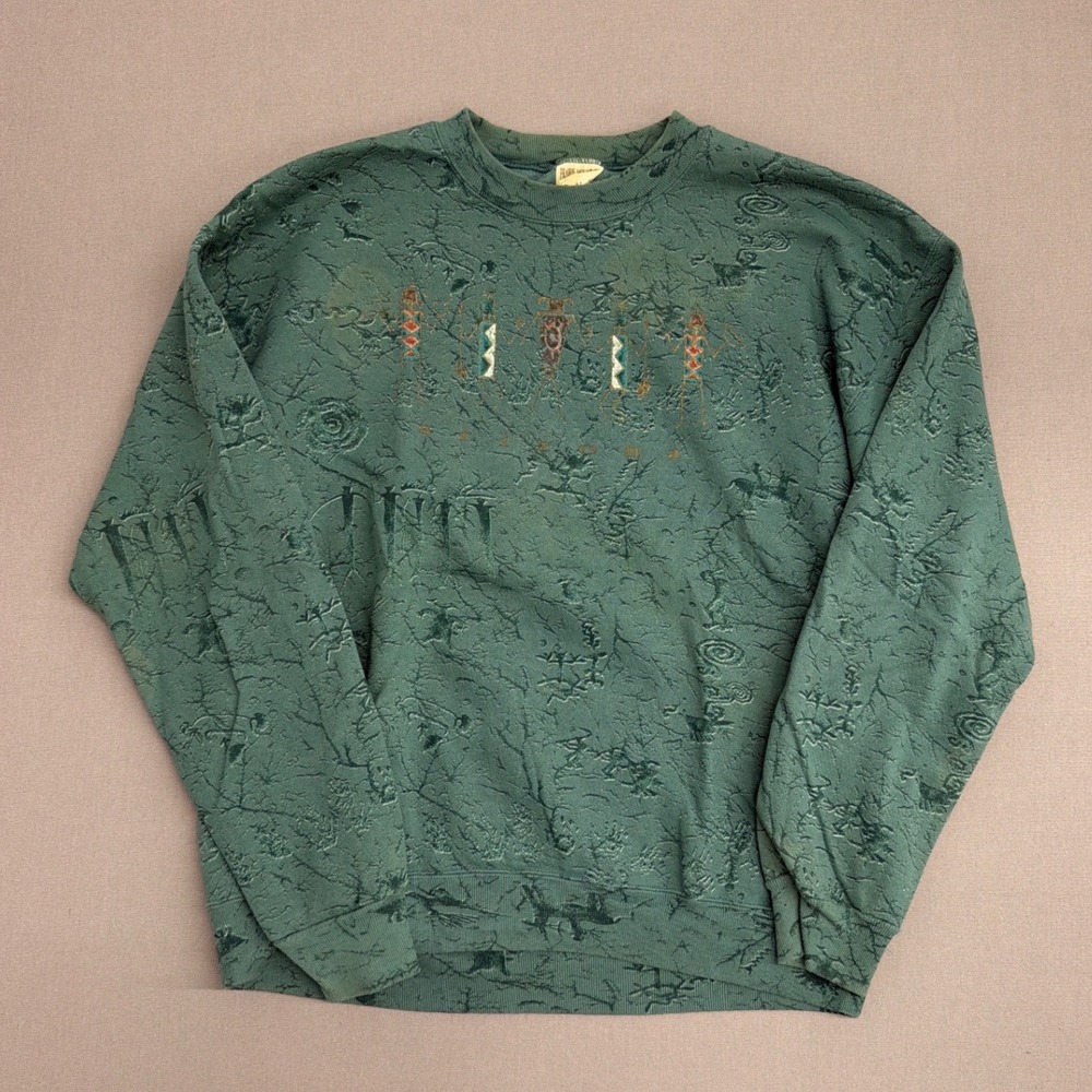 Vintage‎ Prairie Mountain Arizona Sweatshirt XL Green Embossed Petroglyph